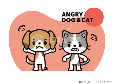 怒っている犬と猫のポップなキャラクターイラスト 114163067
