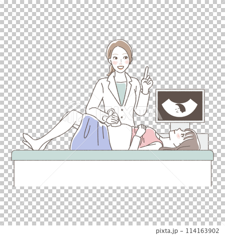 Illustration of a pregnant woman undergoing an ultrasound examination. 114163902