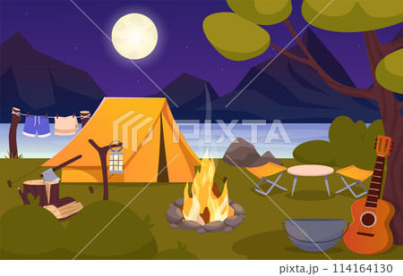 Nature summer night camp landscape with tents, campfire, backpack with lake and mountains on background. Vector cartoon landscape with mountain, forest and campsite. Equipment for travel. 114164130