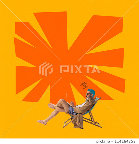 Poster. Contemporary art collage. Creative thinking outside traditional office environment. Man reclines in chair working in laptop against striking yellow background. 114164258