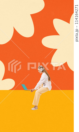 Poster. Contemporary art collage. Young woman, student in headphones using laptop while working, studying against background with abstract elements. 114164271