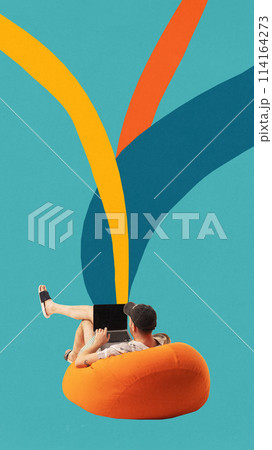 Poster. Contemporary art collage. Man sitting in comfortable chair and using laptop from which floating drawn lines symbolizing sharing ideas. 114164273