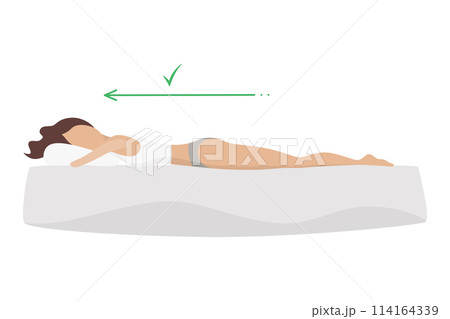 Correct sleeping body posture. Healthy sleeping position spine on orthopedic mattress and pillow. Caring for health of back, neck. Vector illustration Correct sleeping body posture. Healthy sleeping position spine on orthopedic mattress and pillow. Caring for health of back, neck. Vector illustration 114164339