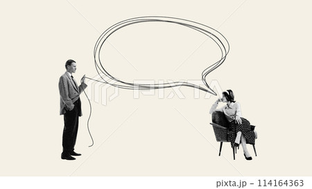 Finding connect. Woman with speech bubble over head looking at man holding line to her, dialogue. Contemporary art collage. 114164363