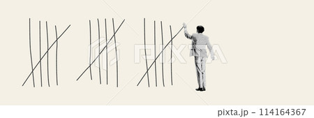 Young man crossing lines, symbolizing the ability to overcome barriers and adjust to situation. Contemporary art collage. 114164367