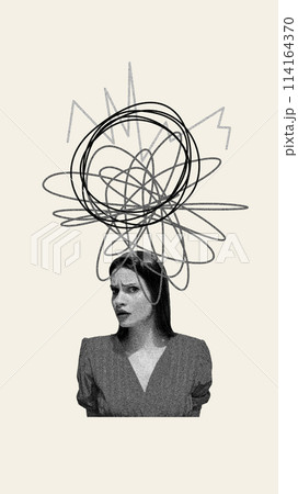 Young woman expressing motions of misunderstanding with chaotic lines over head. Contemporary art collage. Young woman expressing motions of misunderstanding with chaotic lines over head. Contemporary art collage. 114164370