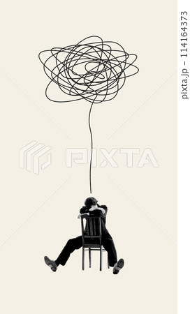 Young man sitting on chair and leaning head on hands, having many tangled thoughts. Contemporary art collage. 114164373
