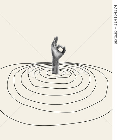 Emerging from chaos. Hand rising from circles meaning water and showing ok symbol. Contemporary art collage. 114164374