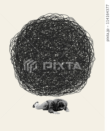 Man lying under tangled sphere symbolizing chaotic and intrusive thoughts that influence of consciousness. Contemporary art collage. Man lying under tangled sphere symbolizing chaotic and intrusive thoughts that influence of consciousness. Contemporary art collage. 114164377