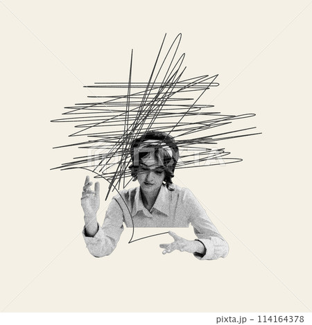 Young woman with chaotic lines over head, suffering from tangled thoughts and instant overthinking. Contemporary art collage. Young woman with chaotic lines over head, suffering from tangled thoughts and instant overthinking. Contemporary art collage. 114164378