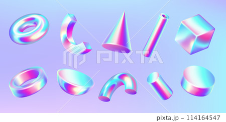 Holographic geometric shapes realistic illustration set Holographic geometric shapes realistic illustration set 114164547