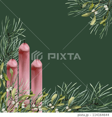 Christmas greeting card template with omela, pine branches and red candles watercolor illustration. Hand drawn frame for new year party invitation design, christmas eve card decoration 114164644