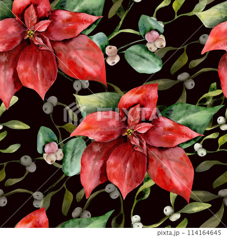Christmas poinsettia with green omela traditional christmas seamless pattern on black. Botanical winter background on white background for product packing, label, card design 114164645