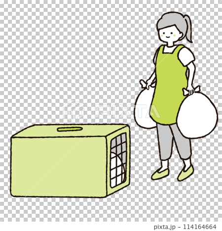 Illustration of a woman throwing away trash at a garbage dump 114164664