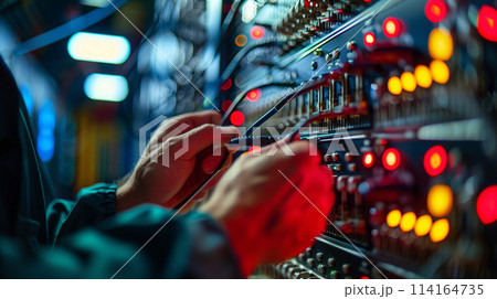 A man is working on a computer with a red light on 114164735