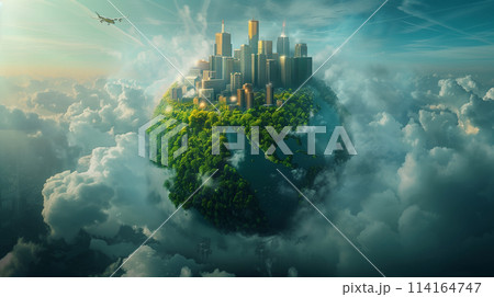 A city is built on top of a globe A city is built on top of a globe 114164747