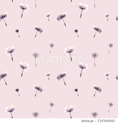 seamless pattern with watercolor monochrome silhouette herbs, sketch of blow boll, seeds of dandelion, summer meadow plants, wild field illustration pink background for wedding decoration 114164842