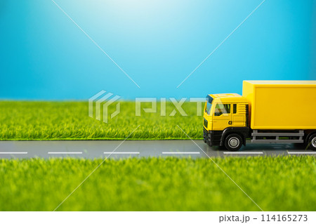 A truck drives along a country road through green meadows. Delivery of online orders and purchases. Supply of goods. Logistics and industry. 114165273