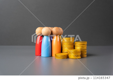People and a stack of money coins. Salaries and pensions. Investment group. Invest in business and personnel development. Community social support. Social policy, budget. Crowdfunding, fundraising. 114165347