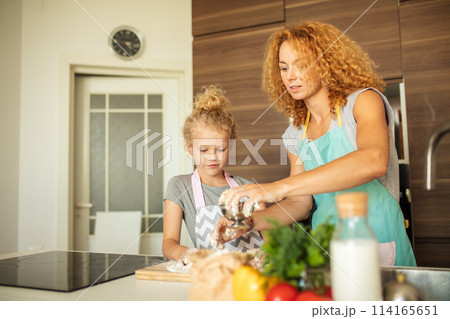 happy family in the kitchen. mother and child daughter cooking together. happy family in the kitchen. mother and child daughter cooking together. 114165651