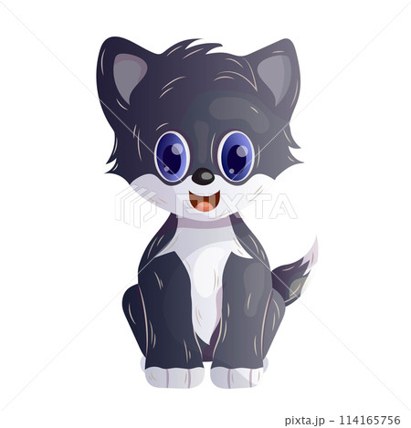 Cute cartoon gray kitten sitting upright. Isolated object on a white background. Vector image. 114165756