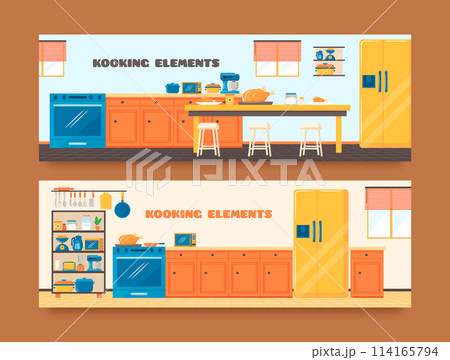 Hand Drawn flat cartoon Cooking elements banner set 114165794