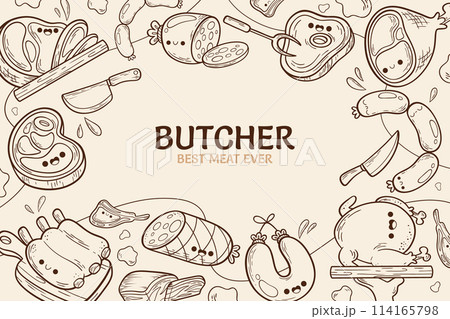 Hand drawn cartoon butchery background with different types of meat 114165798