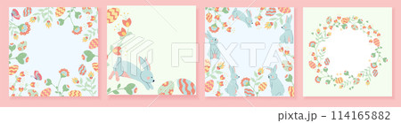 Hand drawn flat square cards set collection with blooming flowers and rabbits 114165882