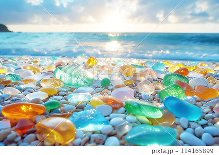 確認用❤️シーグラス 浜辺に打ち上げられたカラフルなシーグラスのイラスト素材 [114165899