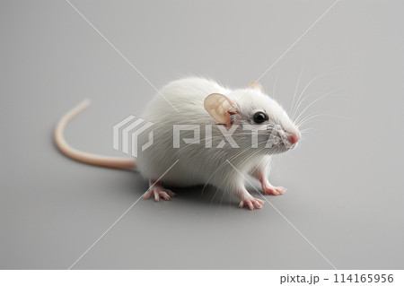White rat on gray background, closeup. Isolated white rat 114165956