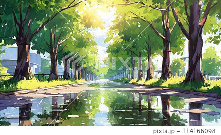 雨上がりの並木通りと水たまり_01_AI生成画像 114166098