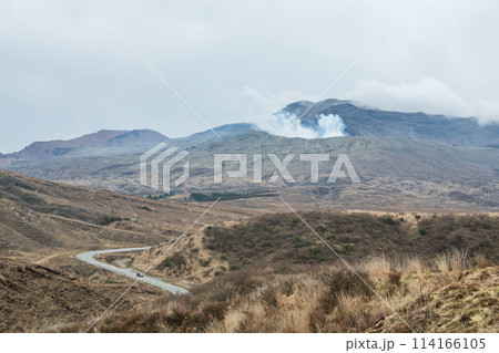 Car drive on road to visit mount Aso volcano, Kumamoto, Japan 114166105