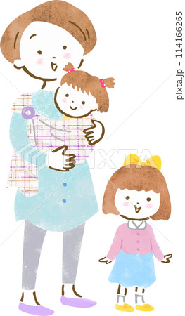 子供（女の子）をスリングで抱っこする母親とお姉ちゃんの手描きイラスト 114166265
