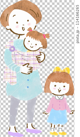 A hand-drawn illustration of a mother and her older sister carrying a child (girl) in a sling 114166265