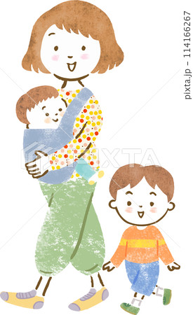 子供を抱っこ紐で抱っこする母親とお兄ちゃんの手描きイラスト 子供を抱っこ紐で抱っこする母親とお兄ちゃんの手描きイラスト 114166267