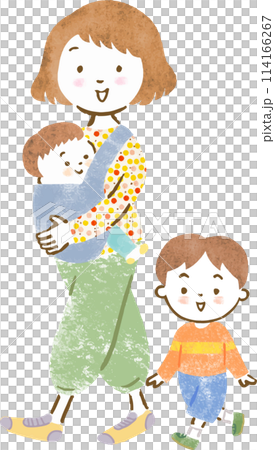 子供を抱っこ紐で抱っこする母親とお兄ちゃんの手描きイラスト 子供を抱っこ紐で抱っこする母親とお兄ちゃんの手描きイラスト 114166267
