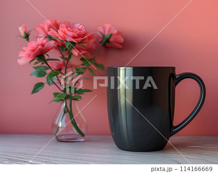 Black coffee mug with customizable space for mockup. Black coffee mug with customizable space for mockup. 114166669