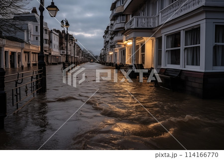 The street of a small town is flooded with water. AI generated. The street of a small town is flooded with water. AI generated. 114166770