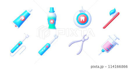 3d icons with dentistry icons 3d for healthcare design. Oral hygiene. Toothbrush, mouthwash, dental floss, toothpaste, injection. Vector 3d icons 3d icons with dentistry icons 3d for healthcare design. Oral hygiene. Toothbrush, mouthwash, dental floss, toothpaste, injection. Vector 3d icons 114166866