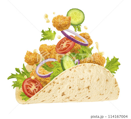 Shawarma or Doner chicken roll with fresh tomato, lettuce salad and sauce splash, tortilla wrap, falling kebab sandwich ingredients isolated on white background, full depth of field 114167004