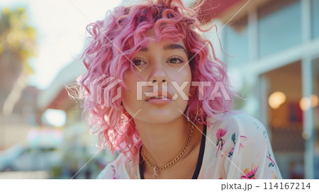 Teen Latino Woman with Pink Curly Hair 1990s style Illustration. 114167214