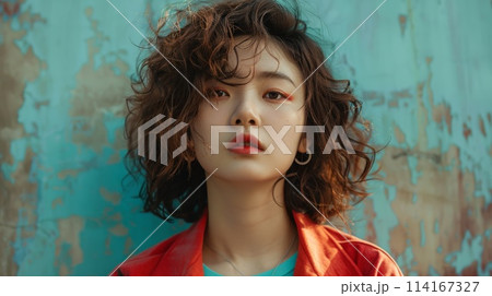 Teen Chinese Woman with Brown Curly Hair 1990s style Illustration. 114167327