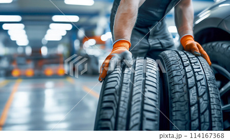 タイヤを交換する整備士 タイヤを交換する整備士 114167368