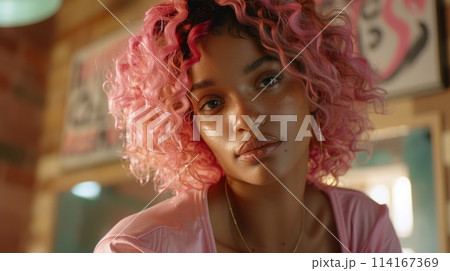Teen Black Woman with Pink Curly Hair 1990s style Illustration. 114167369