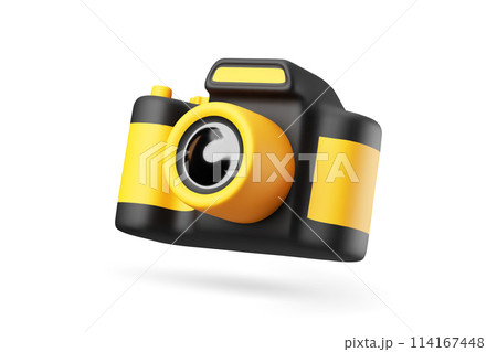 Cute 3d cartoon photo camera in bright yellow and black color isolated on white background. Design Element for digital content or photography workshops concepts. Vector illustration of 3d render. 114167448