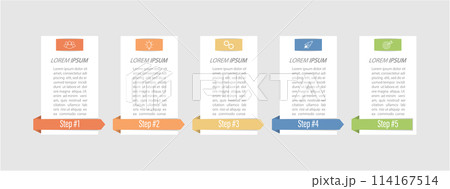 5 stages of development, improvement or training. Infographics with visual action icons for business, finance, project, plan or marketing 114167514