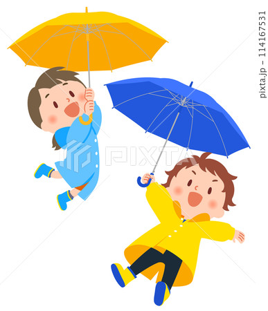 傘をさす雨具を身につけた子供たち 傘をさす雨具を身につけた子供たち 114167531