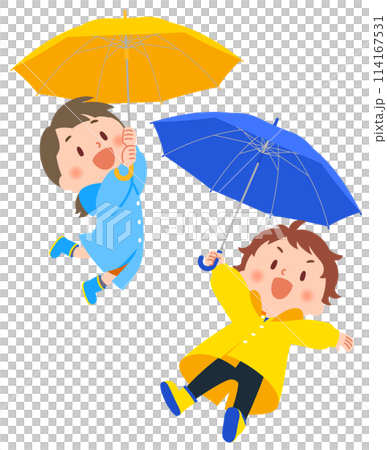 傘をさす雨具を身につけた子供たち 傘をさす雨具を身につけた子供たち 114167531