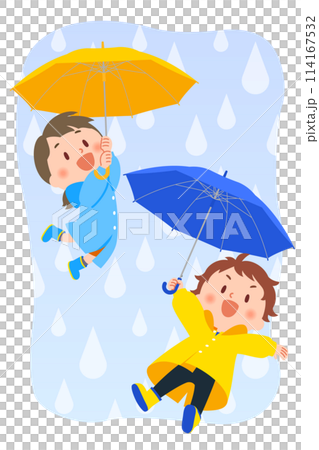 孩子們穿著雨傘和雨傘 114167532
