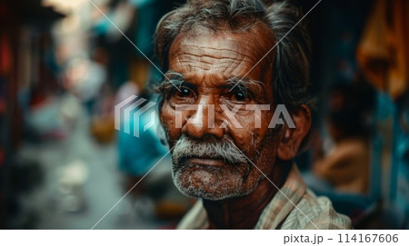 Old Indian Man with Brown Straight Hair 1990s style Illustration. 114167606
